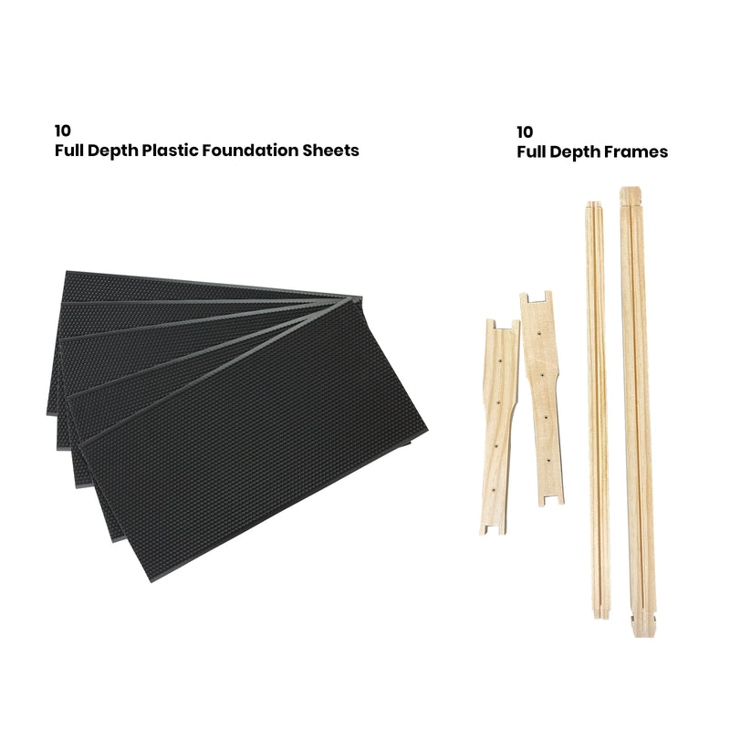10 x FULL DEPTH BEEHIVE PLASTIC FOUNDATION SHEET + 10 FLAT PACK FULL DEPTH FRAME