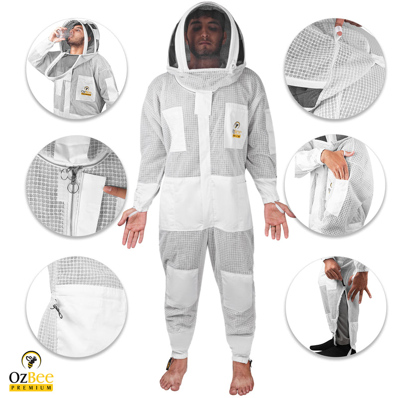 OZBEE Beekeeping Suit Premium 3 Layer Mesh Ultra Cool Ventilated Hoodie Veil Beekeeping Protective Gear