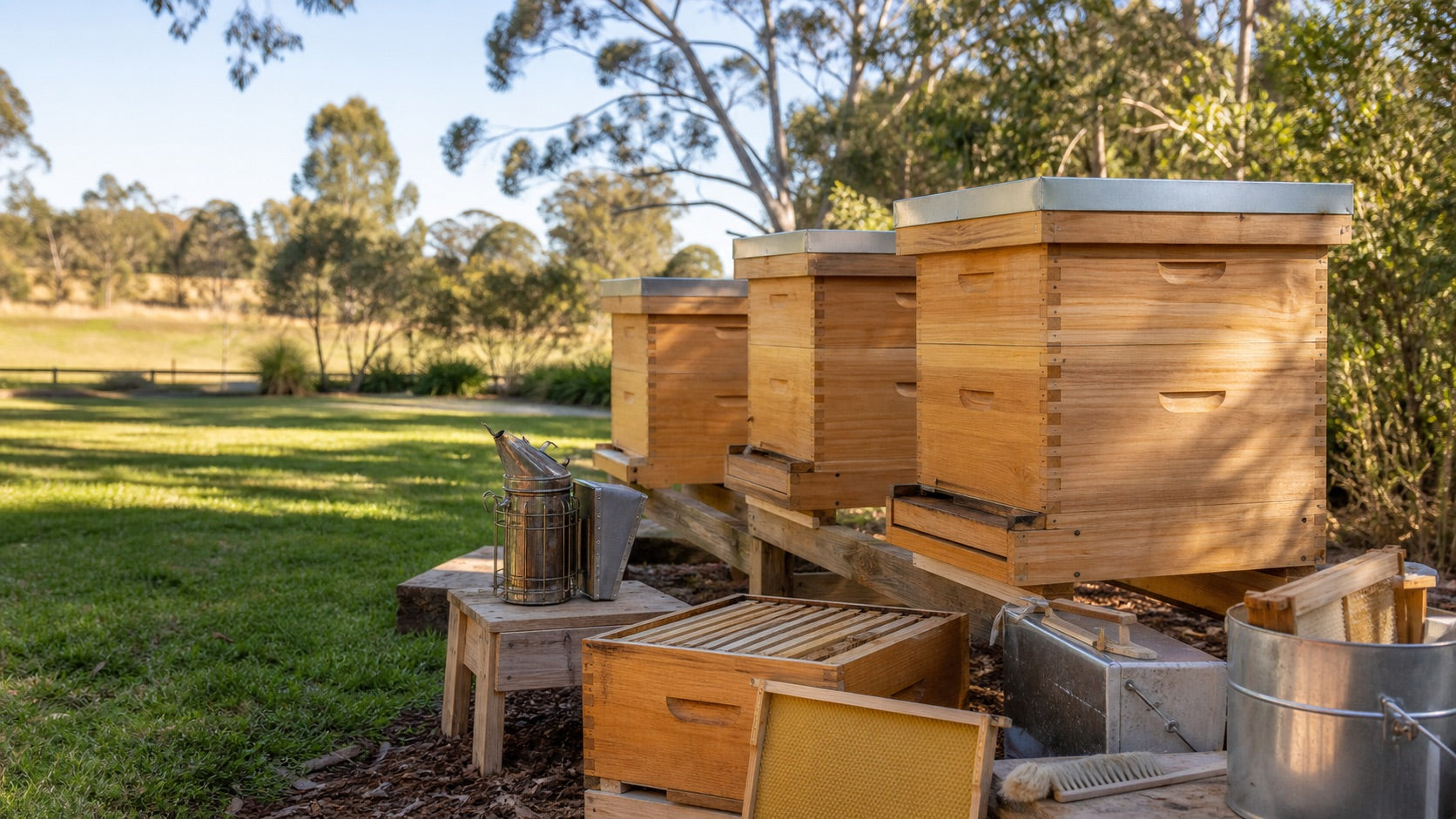 Langstroth beehives and beekeeping equipment set up in an Australian apiary